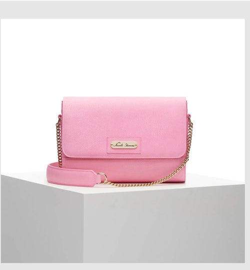 alt="Chic Maison Italian Shoulder Bag in soft pink leather, featuring a sleek gold chain strap and a matching adjustable leather strap, perfect for any occasion, available at Pink Maison."