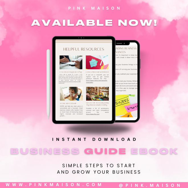 Promotional banner for the "Pink Maison Business Guide Ebook," highlighting its availability. Features an ebook displayed on a tablet and smartphone against a pink cloud background. Includes teaser content with helpful business resources and financial management tips.