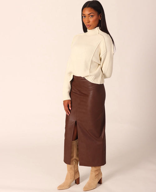 Vegan Leather Midi Skirt With Slit