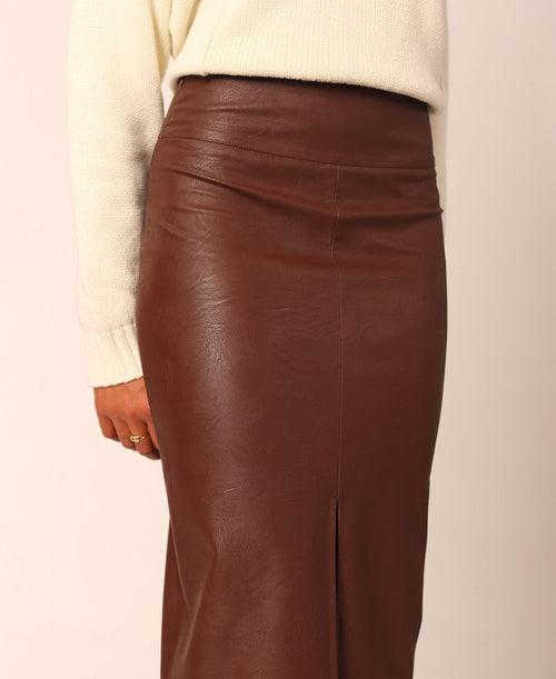 Vegan Leather Midi Skirt With Slit