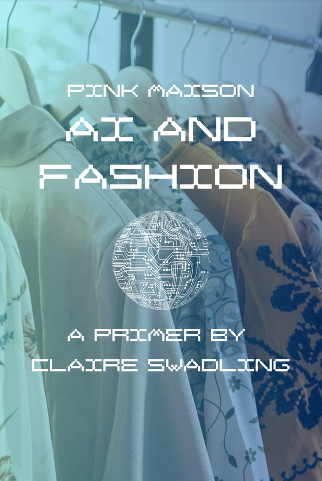 A flyer for "AI and Fashion" features stylish clothing on hangers in the background. The design includes circuit patterns and trendy fonts, highlighting the intersection of artificial intelligence and fashion industry insights.